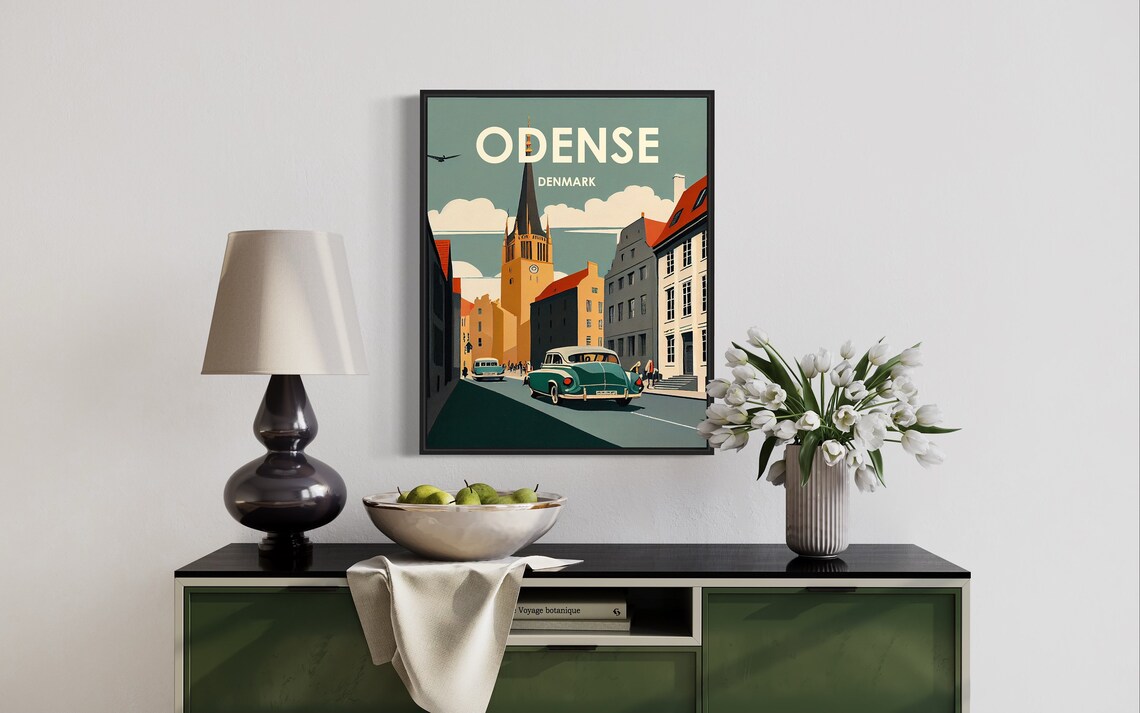 Odense Denmark Old Street Church Vintage Cars Retro Travel Poster - Image 3