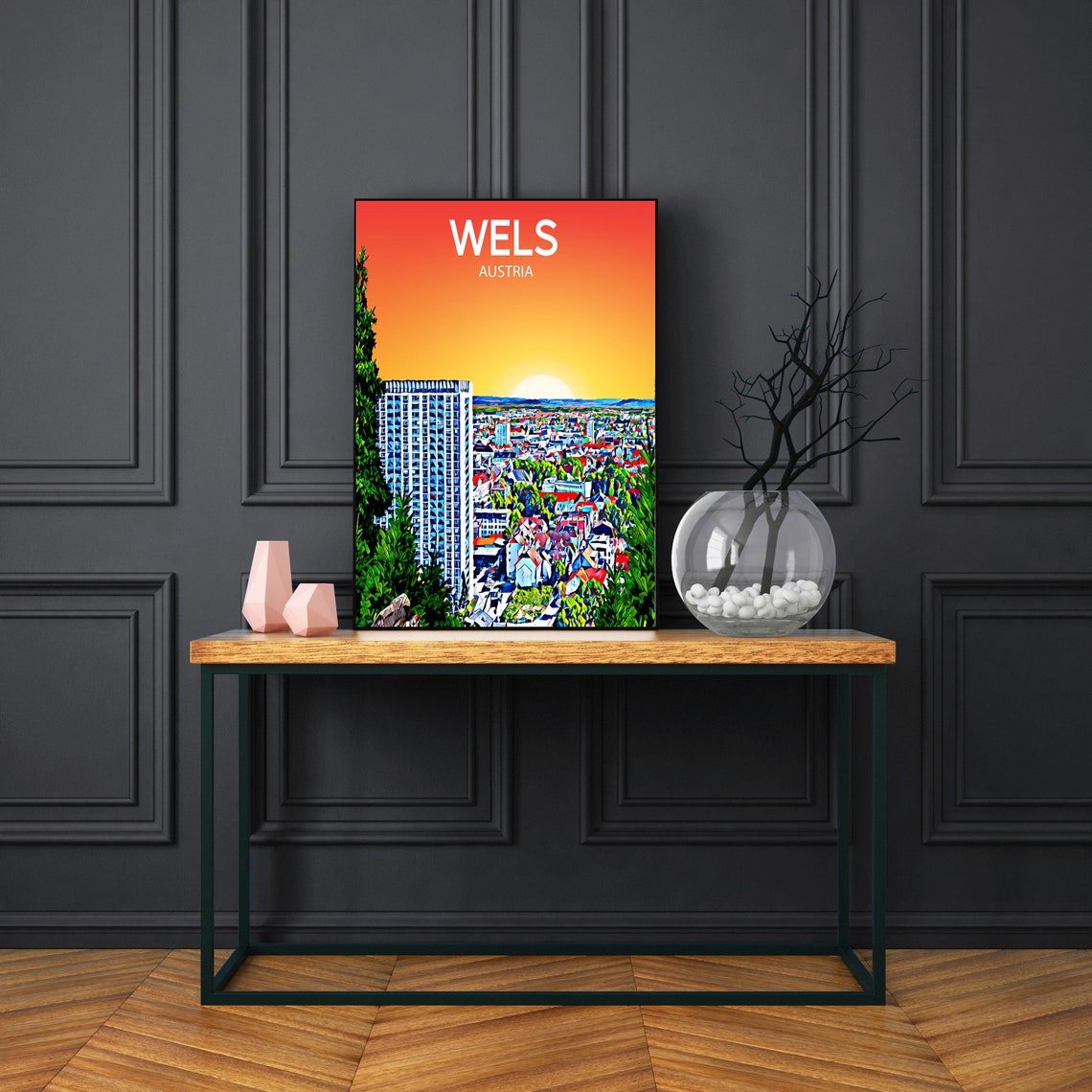 Wels Austria Sunset Skyline City Panorama Pop Art Travel Poster - Image 3