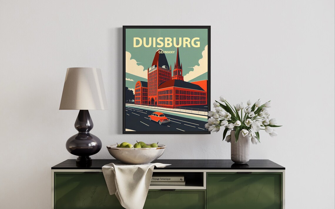 Duisburg Germany Vintage Cathedral And Classic Car Retro Travel Poster - Image 3