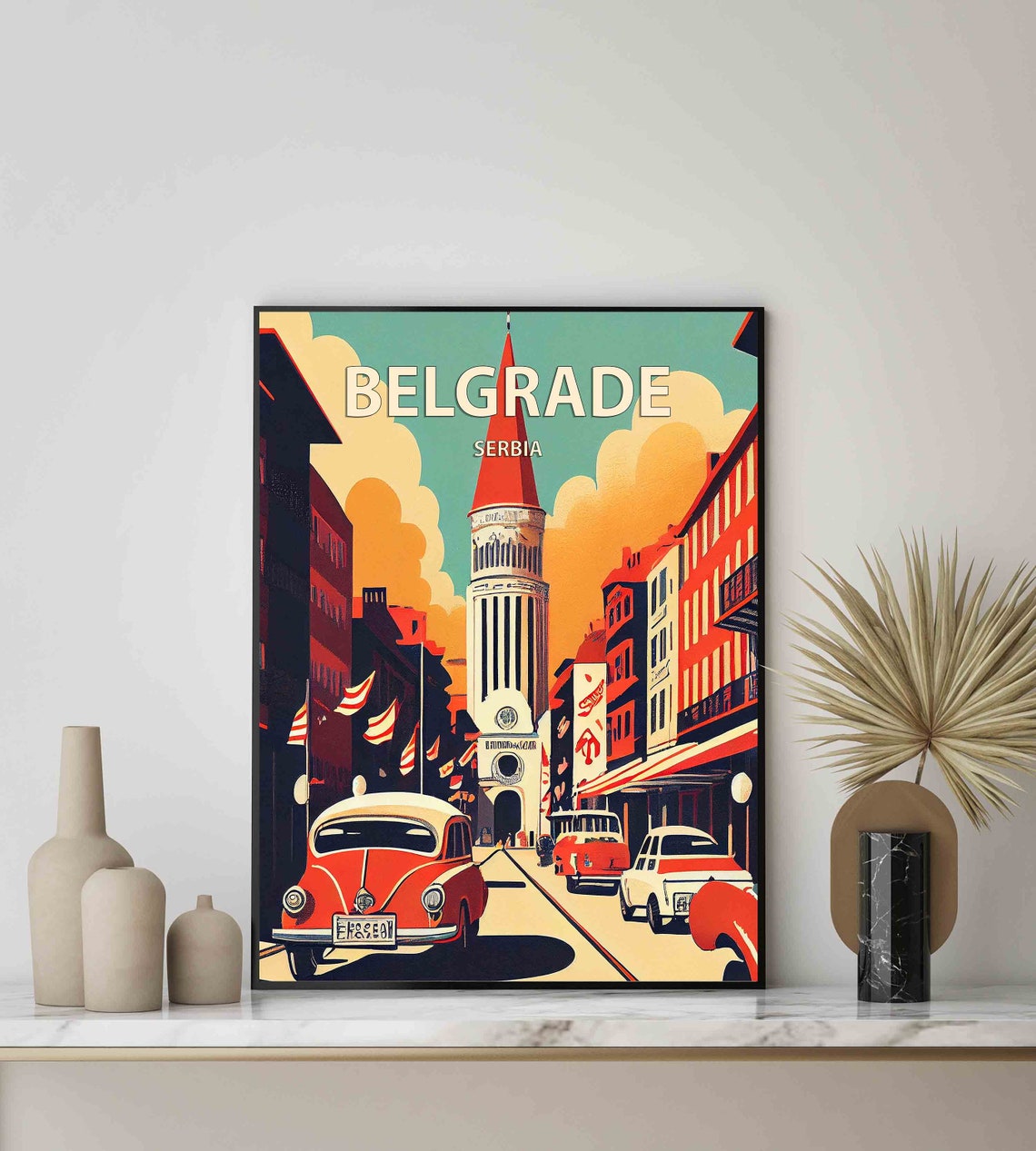 Belgrade Serbia Retro Street Clock Tower Classic Red Car Poster - Image 2