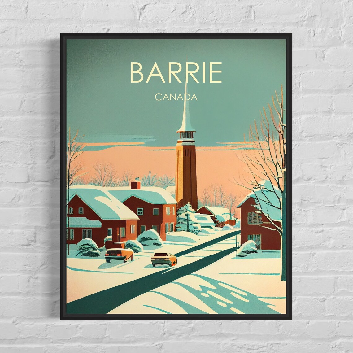 Barrie Canada Snowy Street Church Spire Vintage Winter Scene Poster
