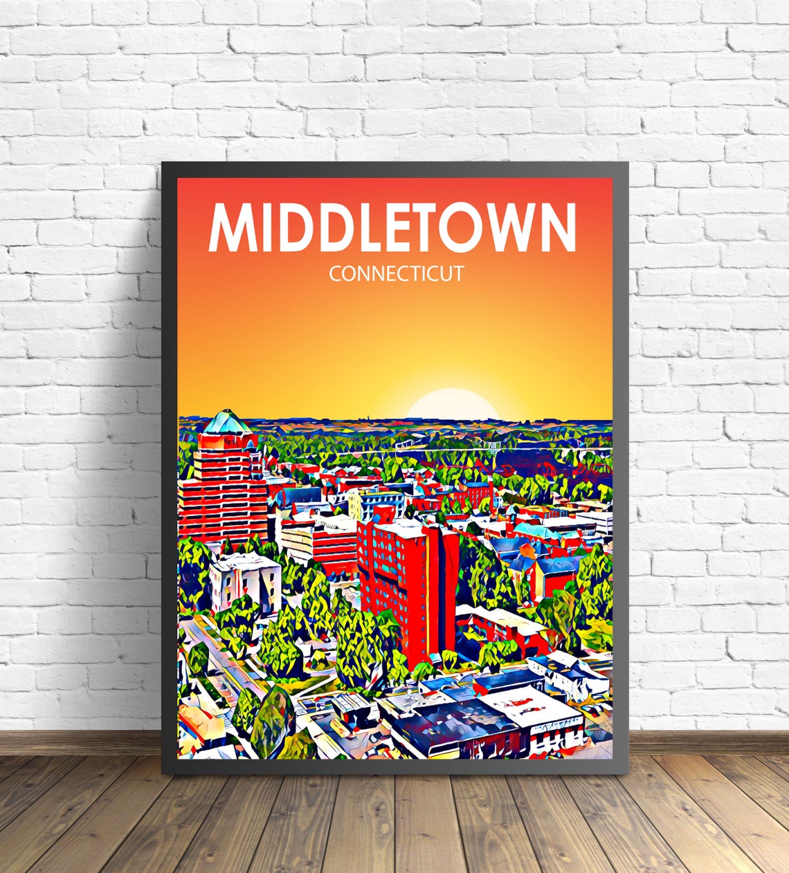 Middletown Connecticut Colorful Sunset Skyline City Travel Poster