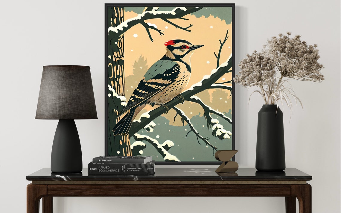 Downy Woodpecker Resting on Snowy Branch Vintage Bird Art Print - Image 2