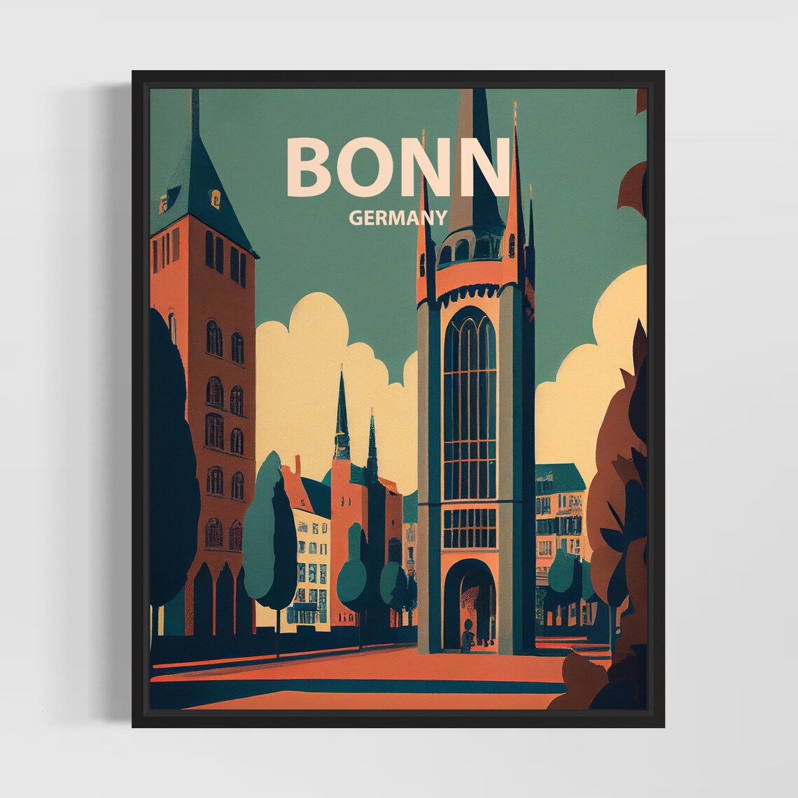 Bonn Germany Old Town Church Spires Vintage Travel Scene Poster