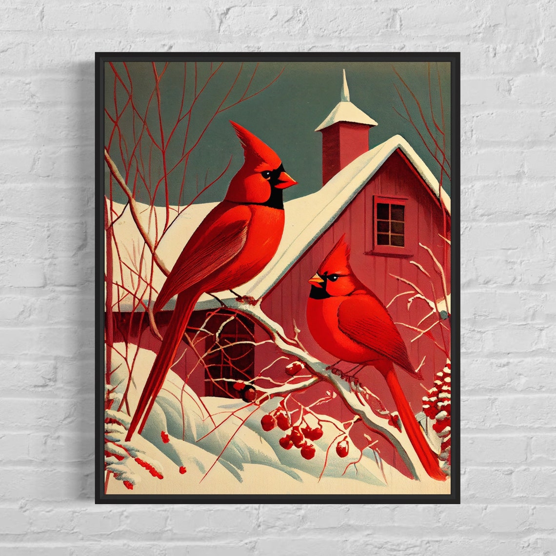 Red Cardinals Winter Snow Scene Pair Barn Illustration Poster