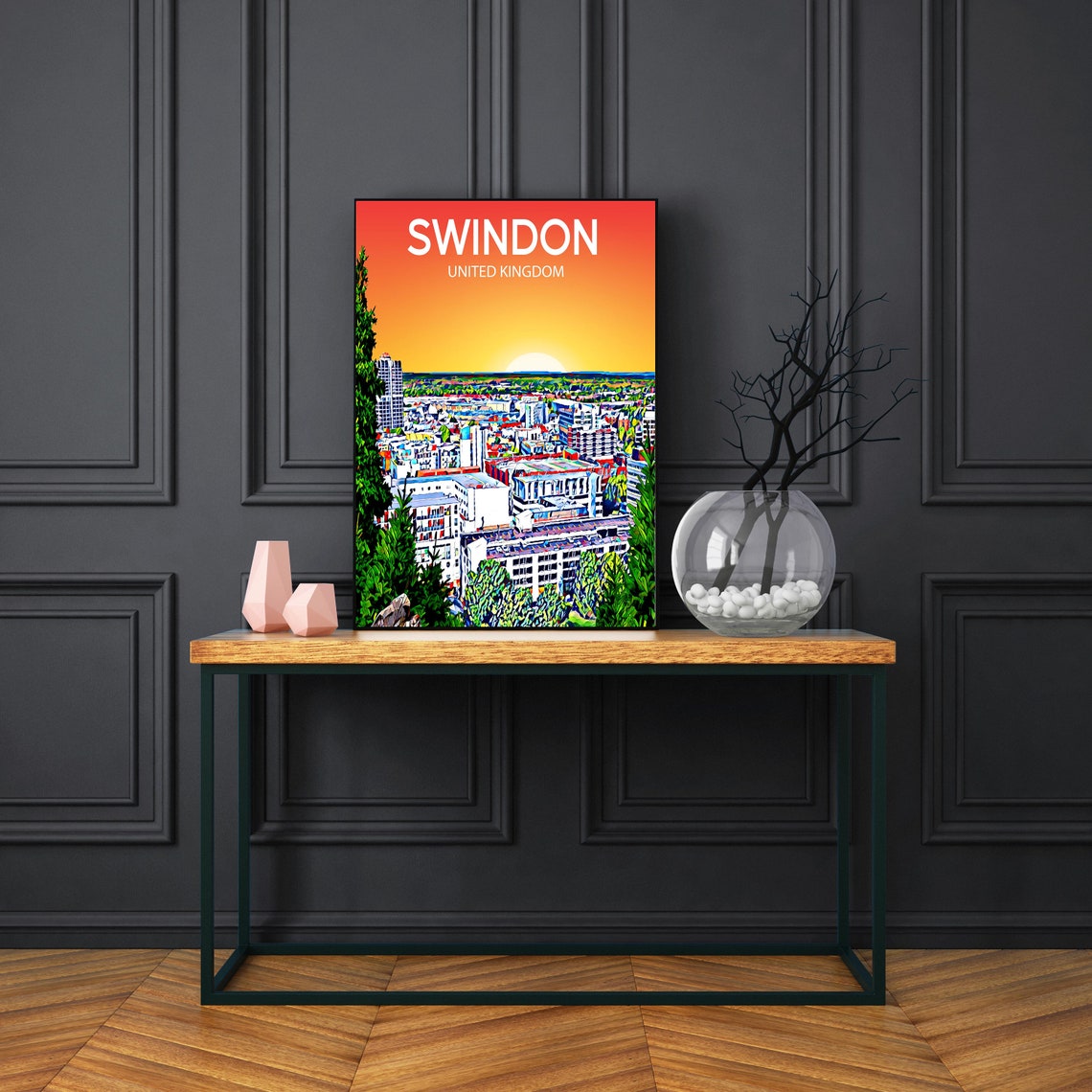 Swindon United Kingdom Sunset Skyline Modern City Art Poster - Image 3