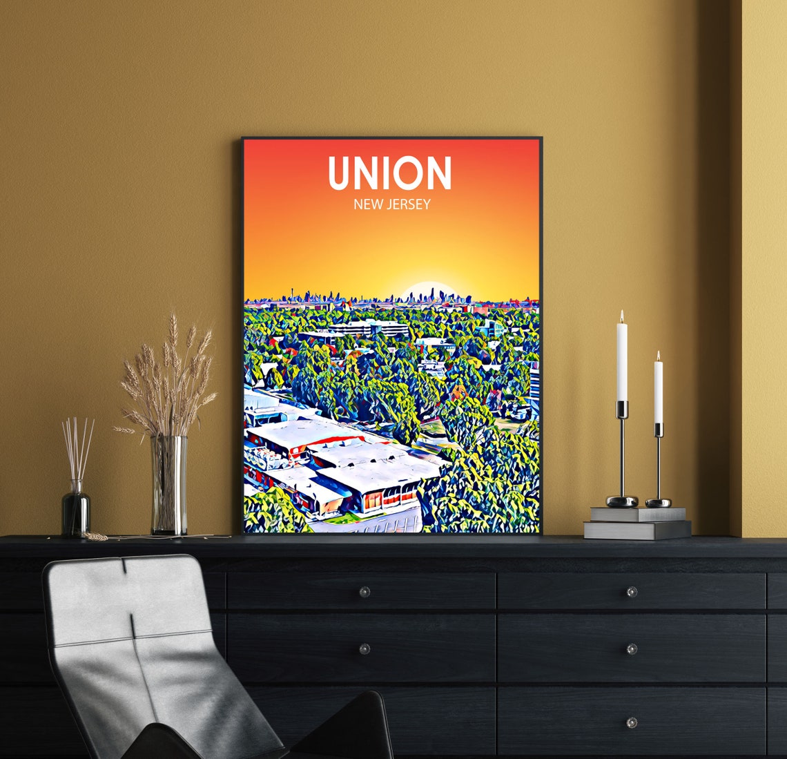 Union New Jersey Sunset Leafy Green Town Skyline Painted Art Poster - Image 2