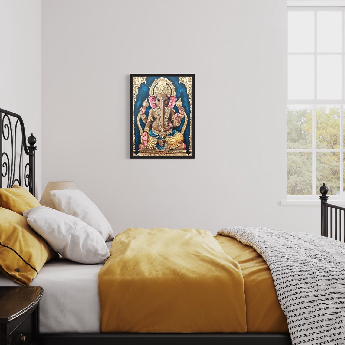 Lord Ganesha in Gold Blessing Pose Against Deep Blue Tanjore Poster - Image 3