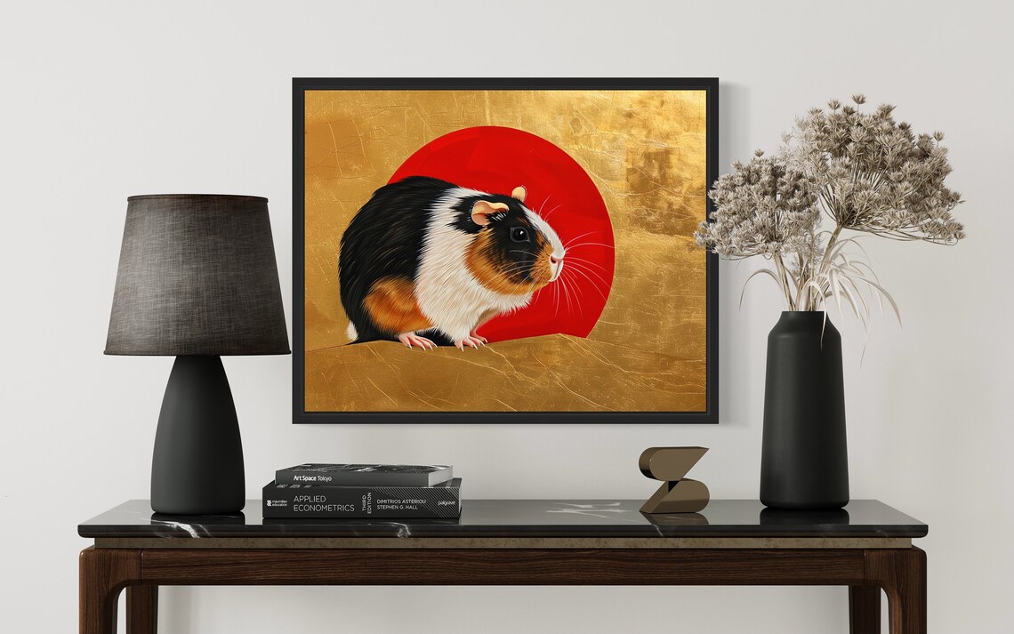 Tricolor Guinea Pig Portrait Against Red Sun Asian Gold Poster - Image 2
