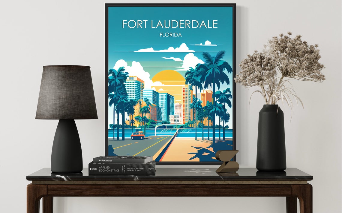 Fort Lauderdale Florida Palm Skyline Golden Sunset Vintage Poster - Image 2