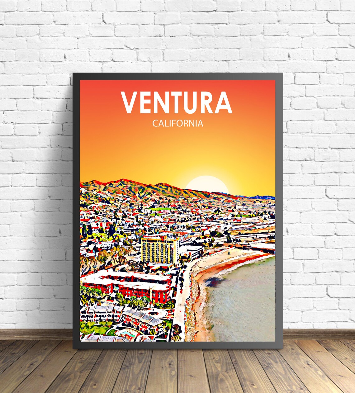 Ventura California Fiery Sunset Coastal City Beach Art Poster
