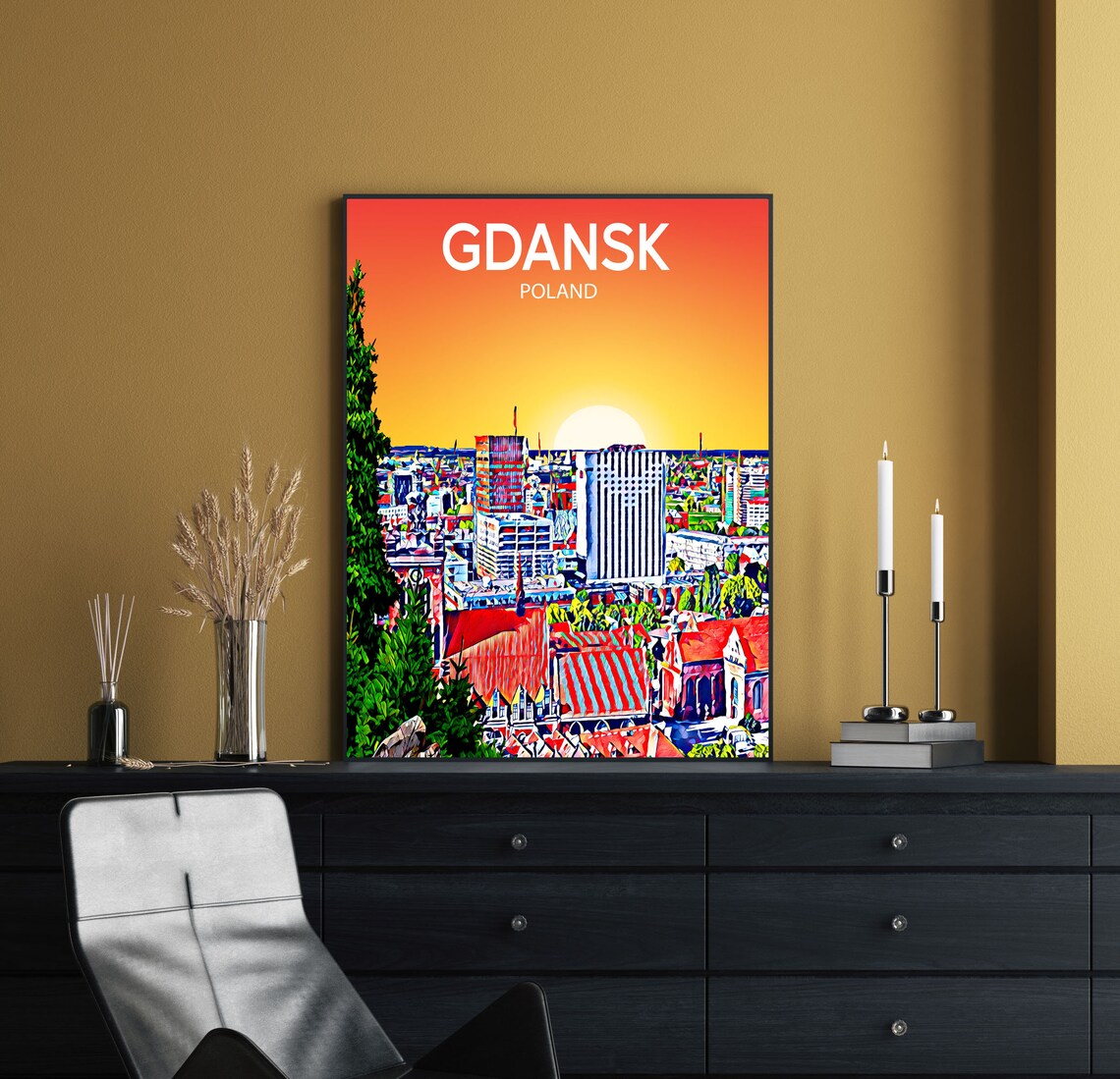 Gdansk Poland Old Town Rooftops Sunset Colorful Pop Art Travel Poster - Image 2