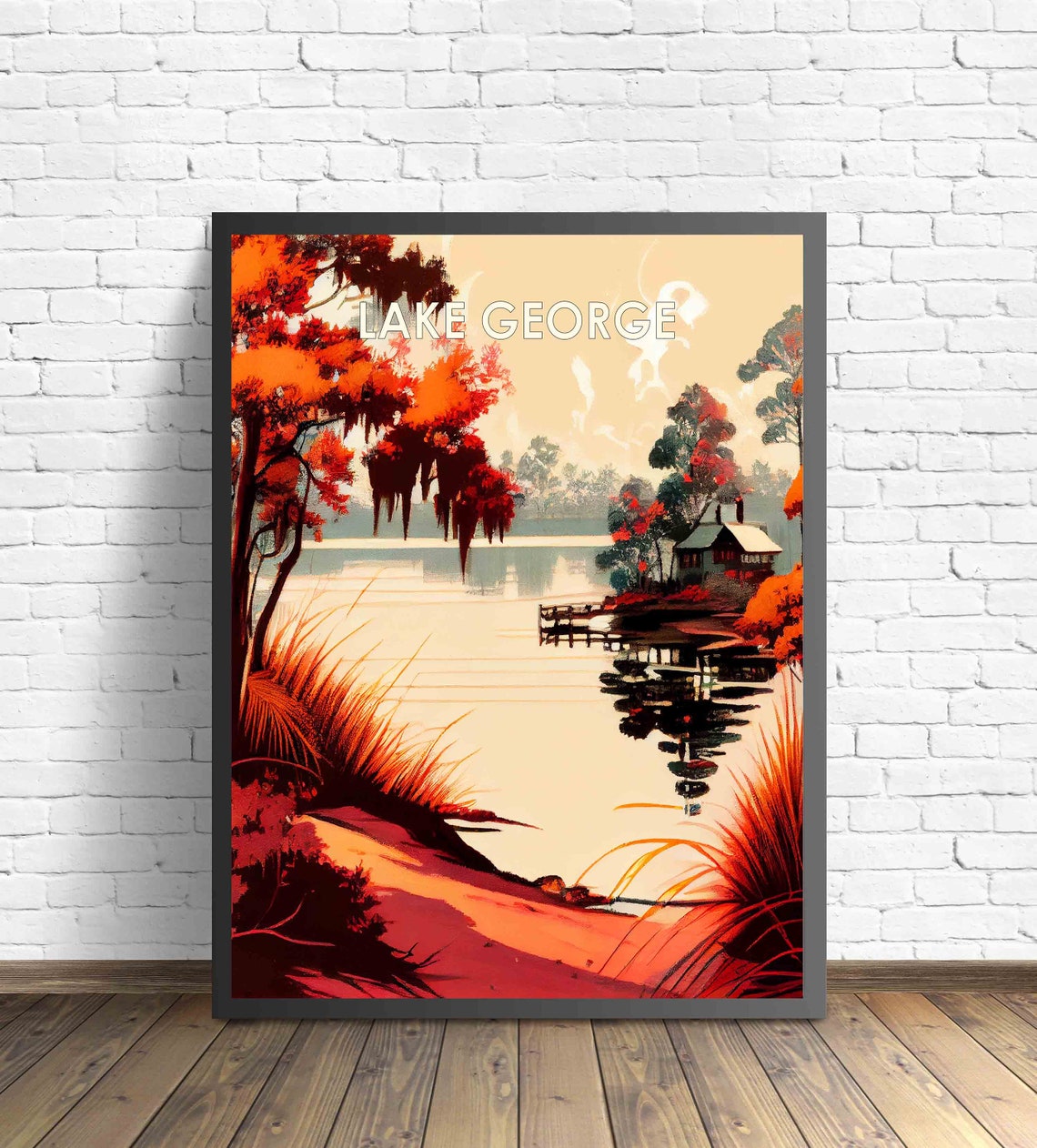 Lake George Florida Lakeside Cabin Sunset Vintage Art Poster