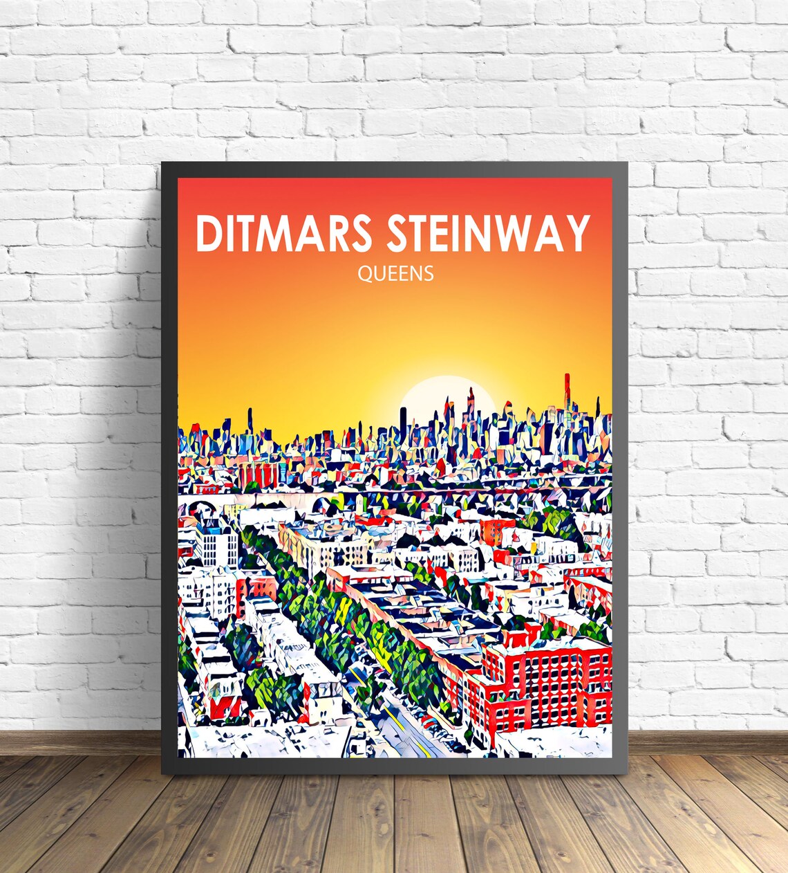 Ditmars Steinway Queens Sunset Aerial Street Colorful Skyline Poster