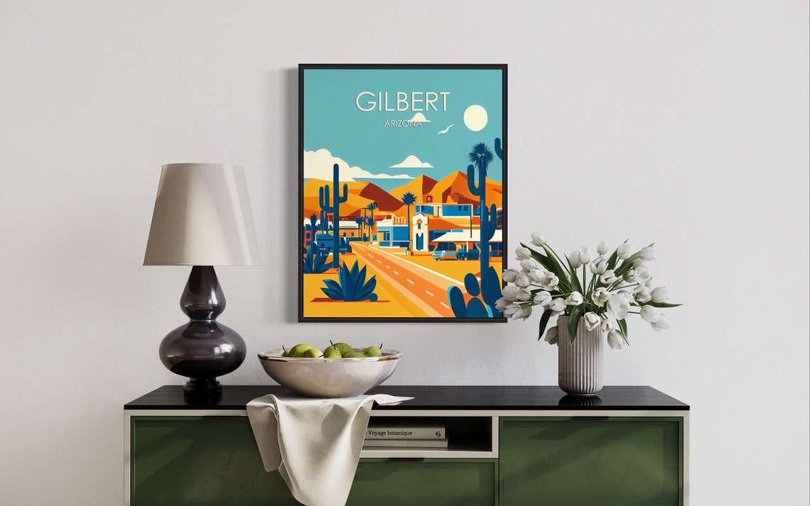 Gilbert Arizona Desert Town Poster with Saguaro Cacti and Adobe - Image 2