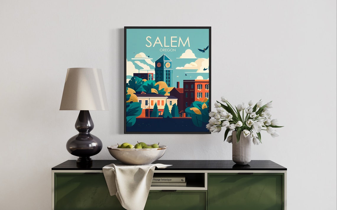 Salem Oregon Retro Poster with Clock Tower and Historic Streets - Image 2