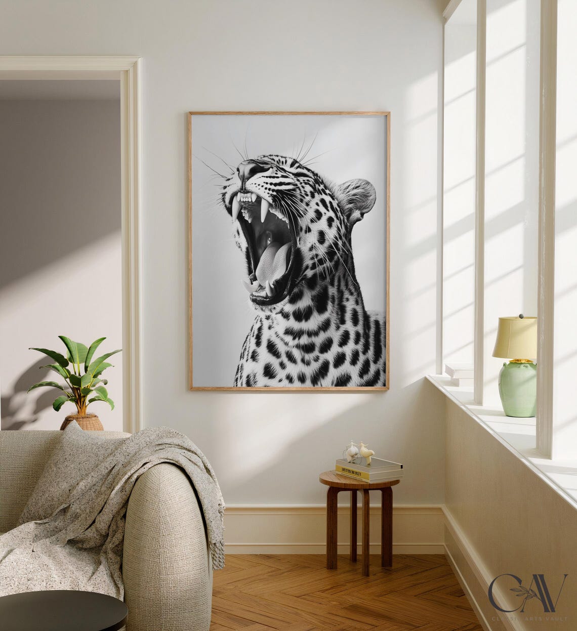 Roaring Leopard Black and White Wild Cat Photography Wall Art - Image 2