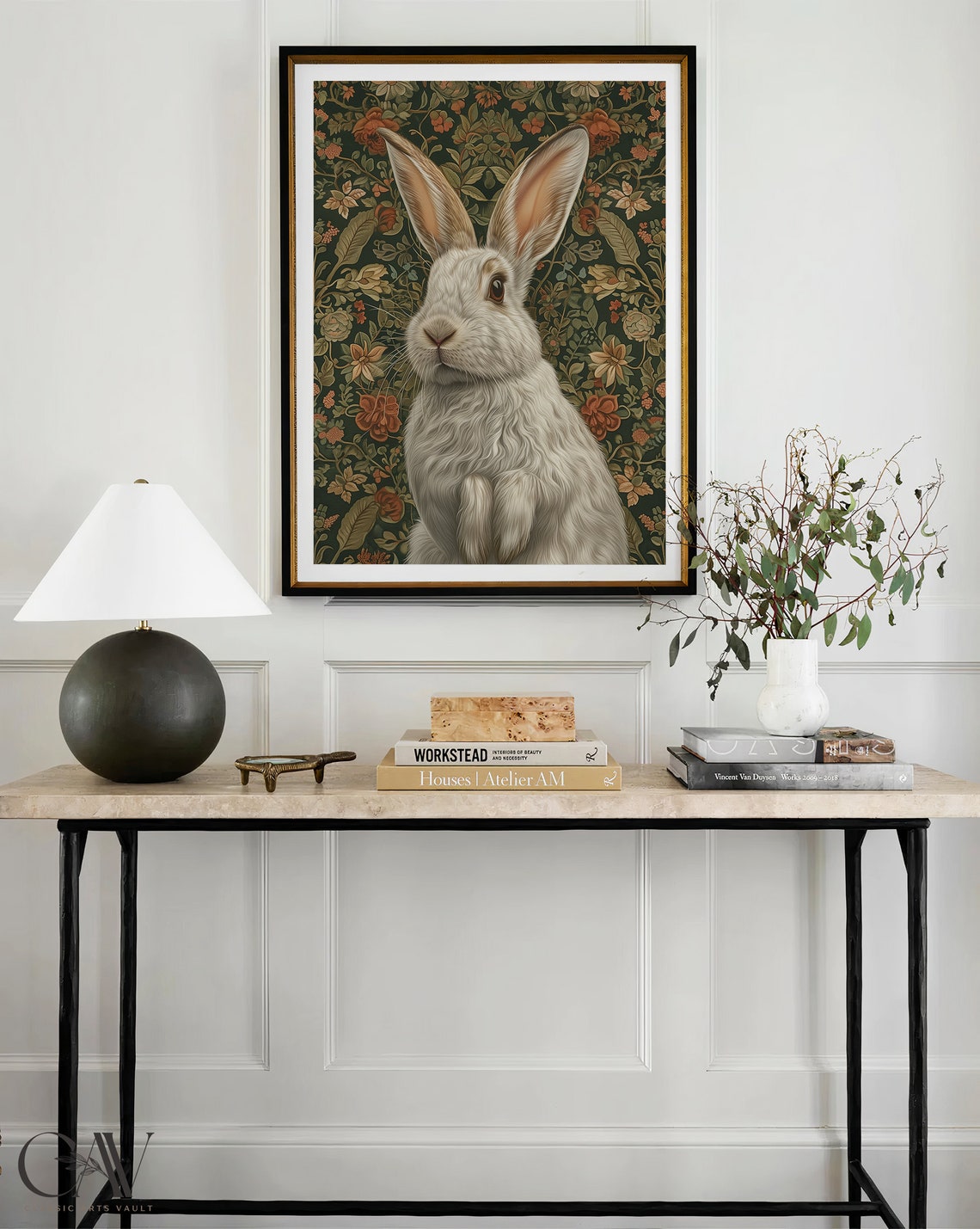 Sweet White Hare Close Portrait on Dark Vintage Botanical Poster - Image 3
