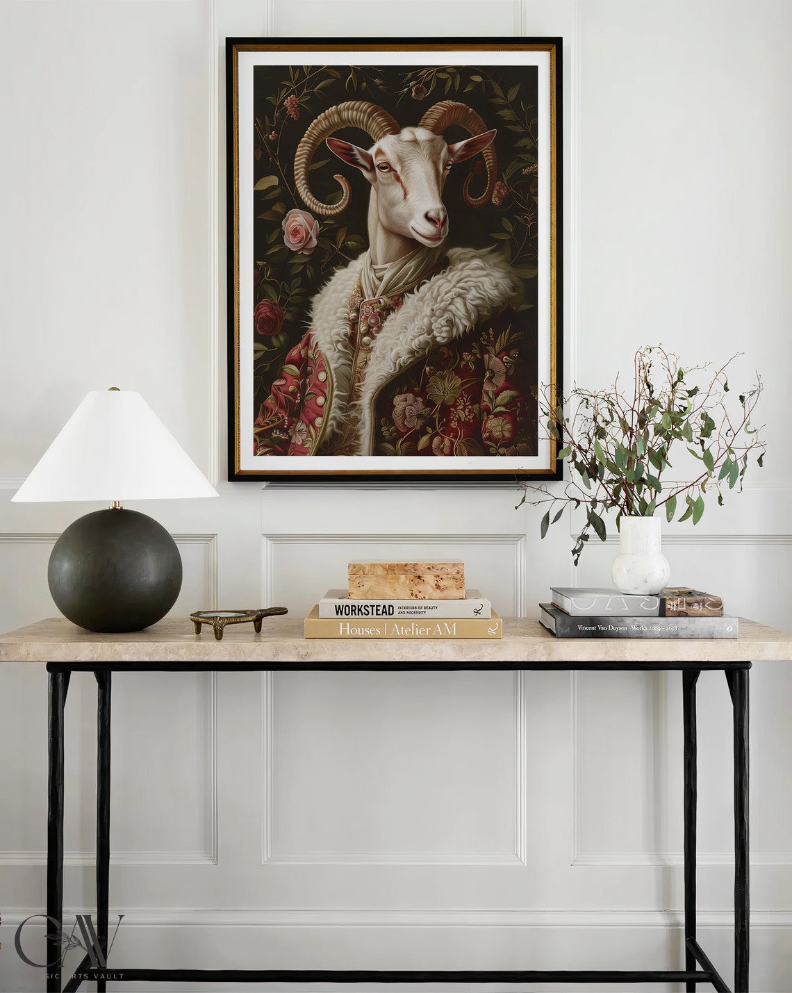 Ram With Curled Horns in Royal Red Coat Baroque Portrait Poster - Image 3