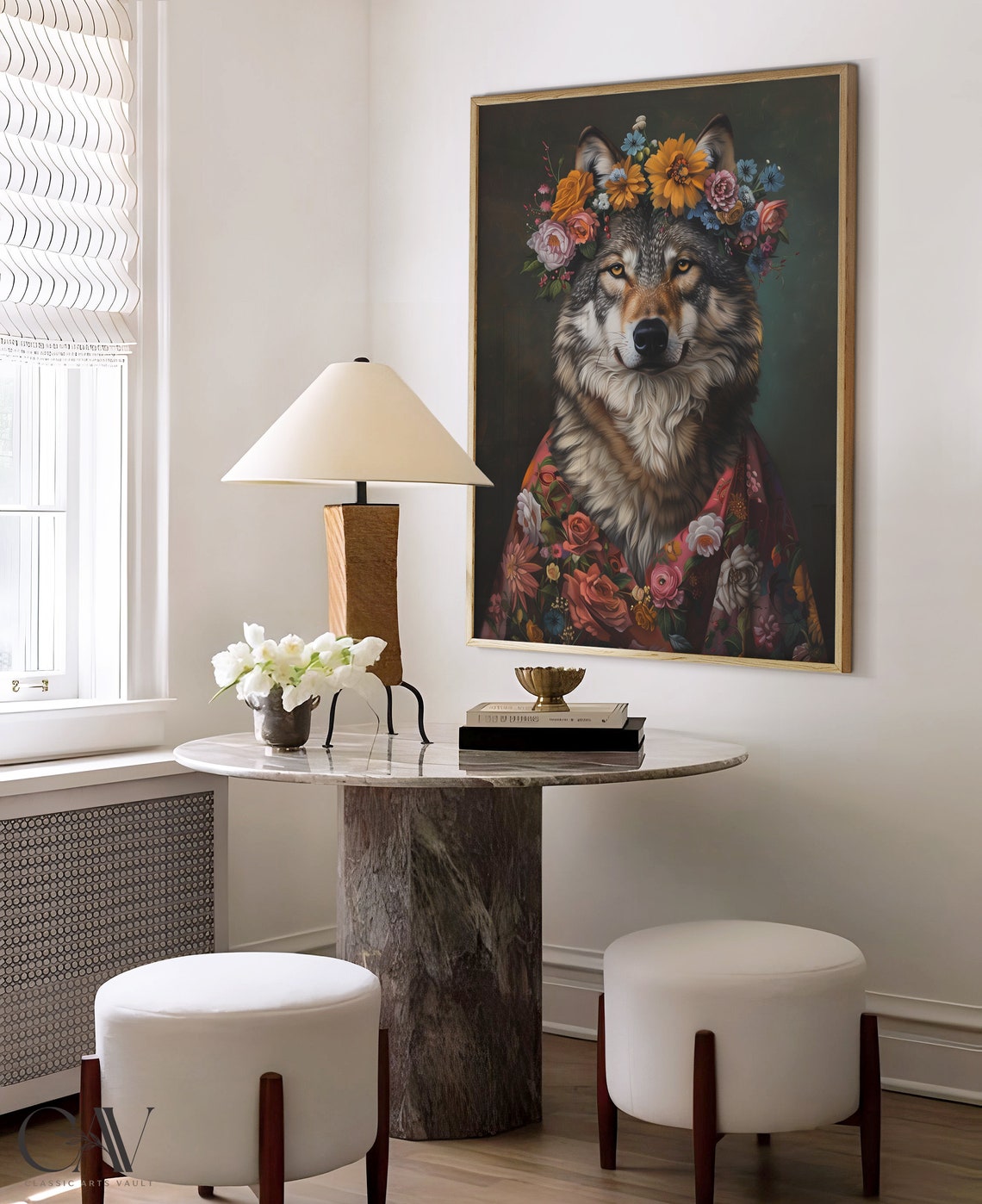 Wolf Flower Crown Red Floral Robe Maximalist Animal Wall Art - Image 4