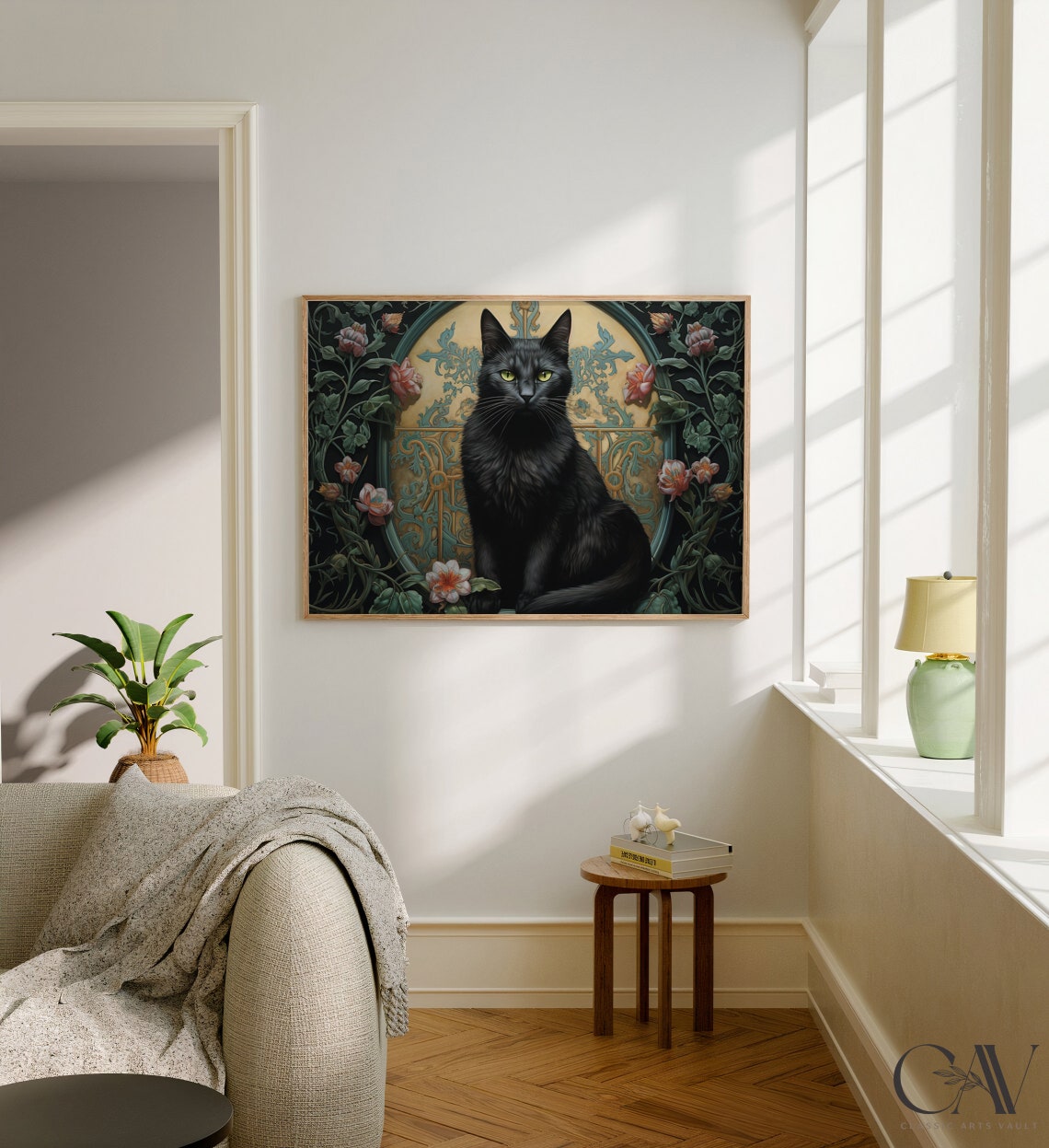 Black Cat Before Golden Arched Doorway with Ivy Flowers Poster - Image 2