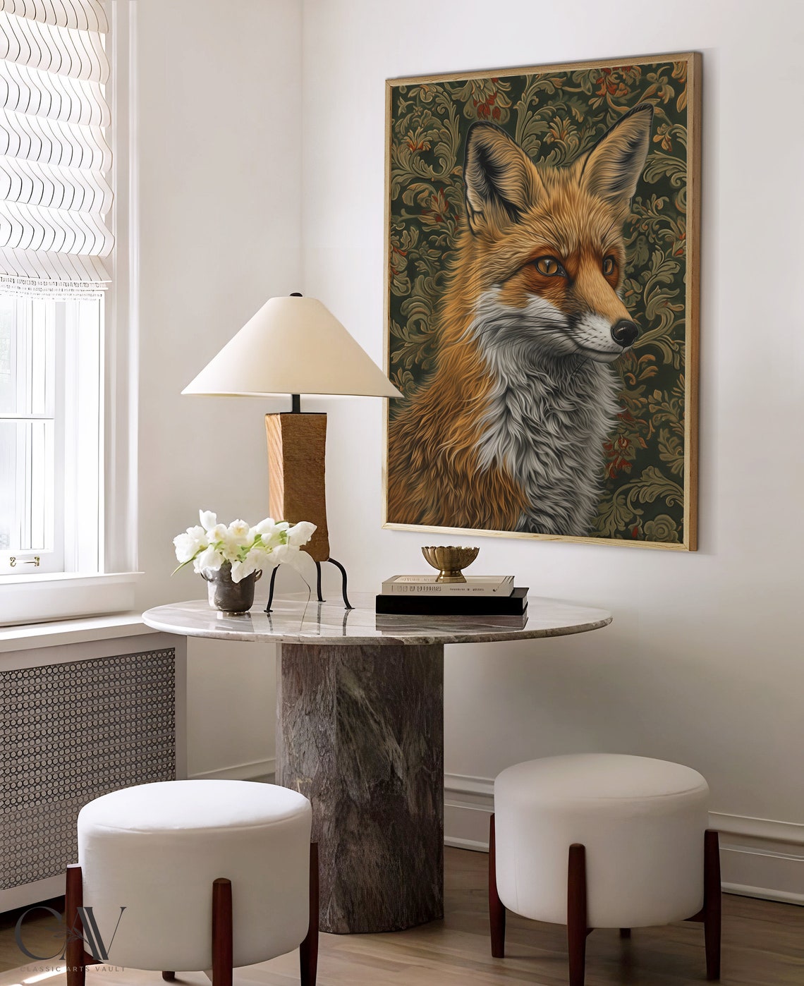 Elegant Red Fox Profile Portrait on Green Gold Damask Art Poster - Image 4