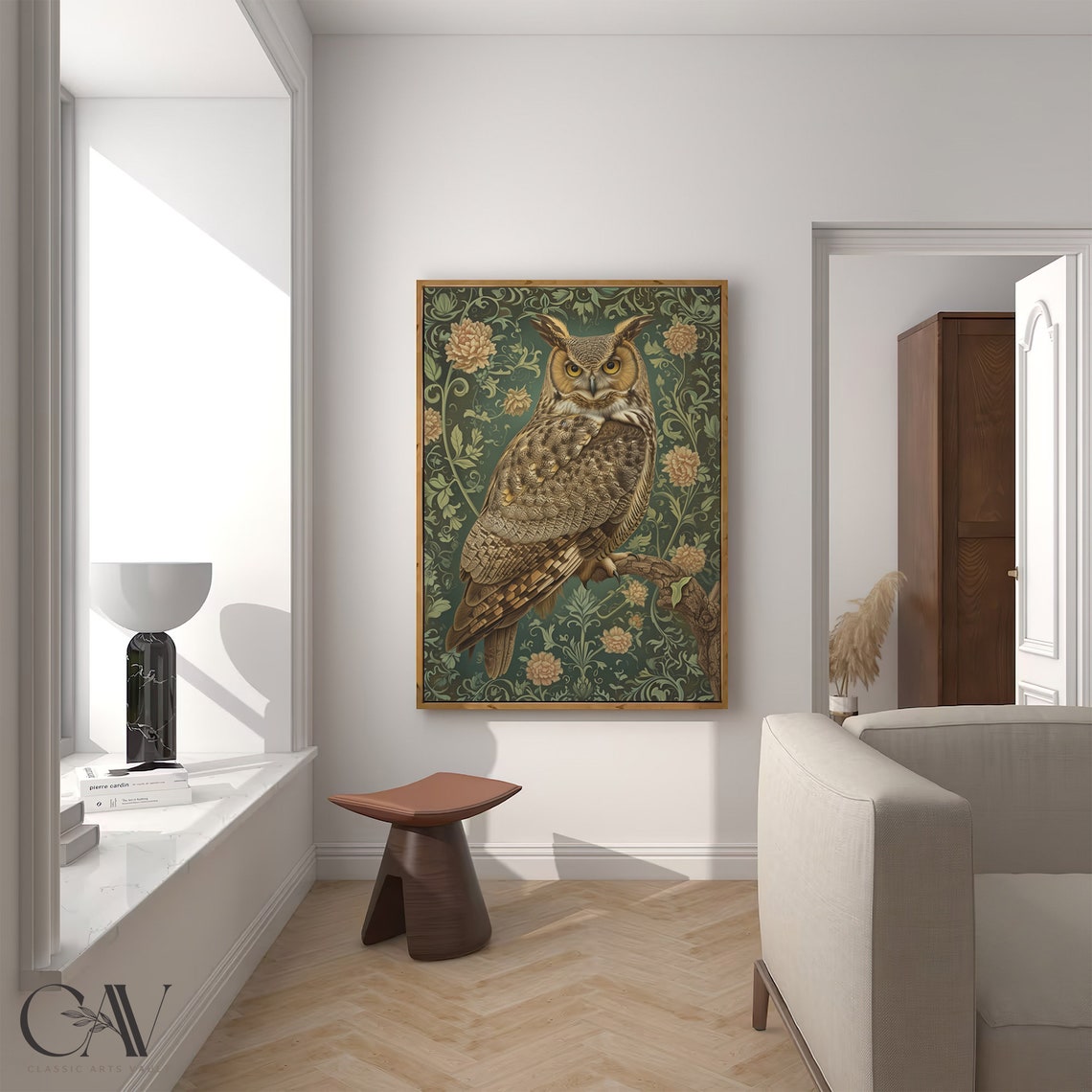Vintage Great Horned Owl On Branch In Green Floral Garden Poster