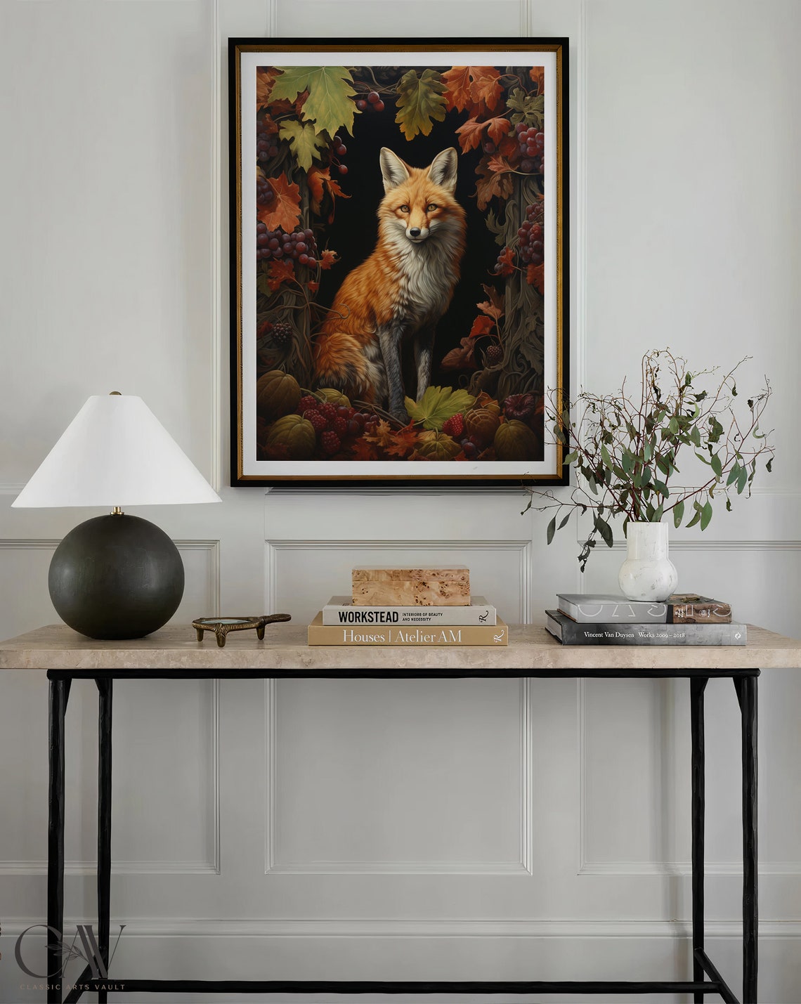 Red Fox Seated Among Autumn Leaves and Berries in Gold Frame Poster - Image 2