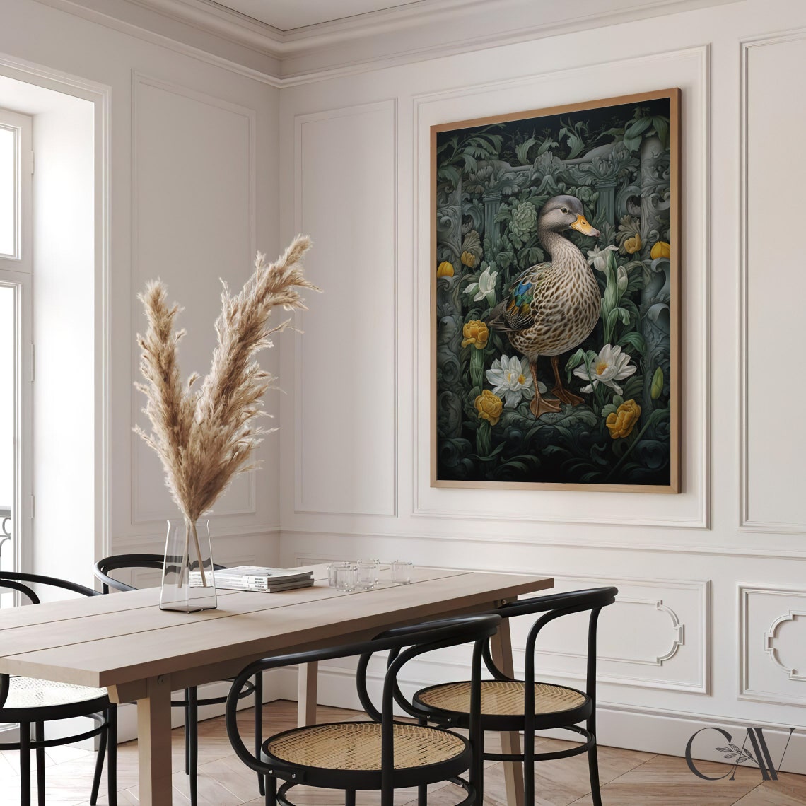 Mallard Duck Among Carved Stone Arch and White Blooms Art Print - Image 3
