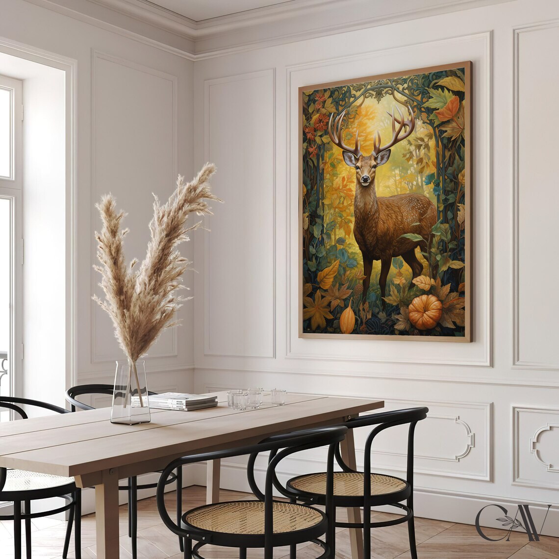 Majestic Deer Stag in Golden Autumn Forest Pumpkins Scene Poster - Image 3