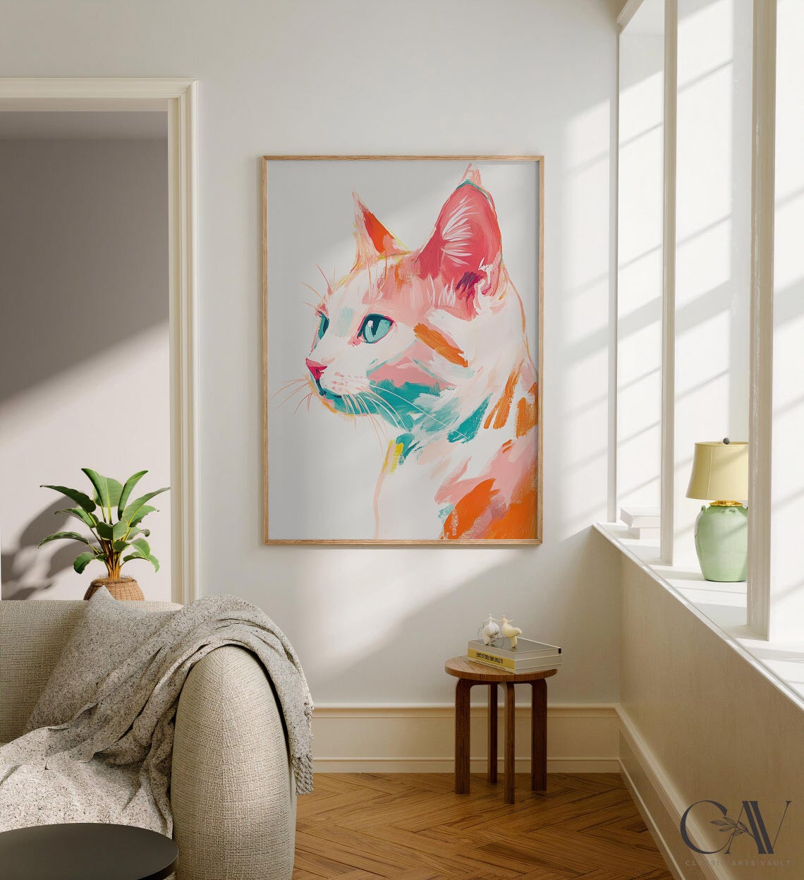 White Cat Profile Pastel Painting Modern Feline Portrait Wall Art - Image 2