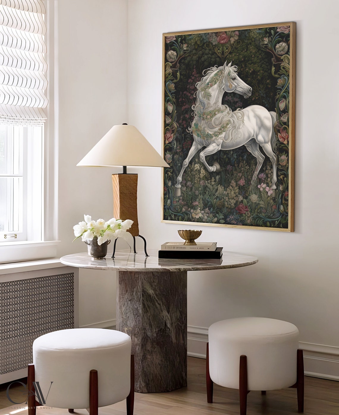 White Horse with Floral Mane Dark Millefleur Tapestry Poster - Image 2