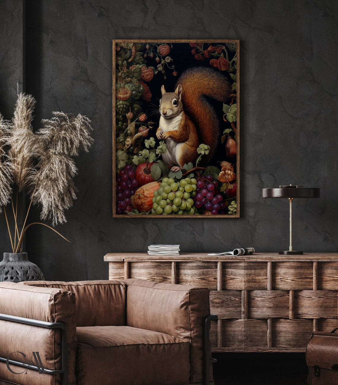 Red Squirrel With Grapes And Fruit On Dark Harvest Background Poster - Image 5