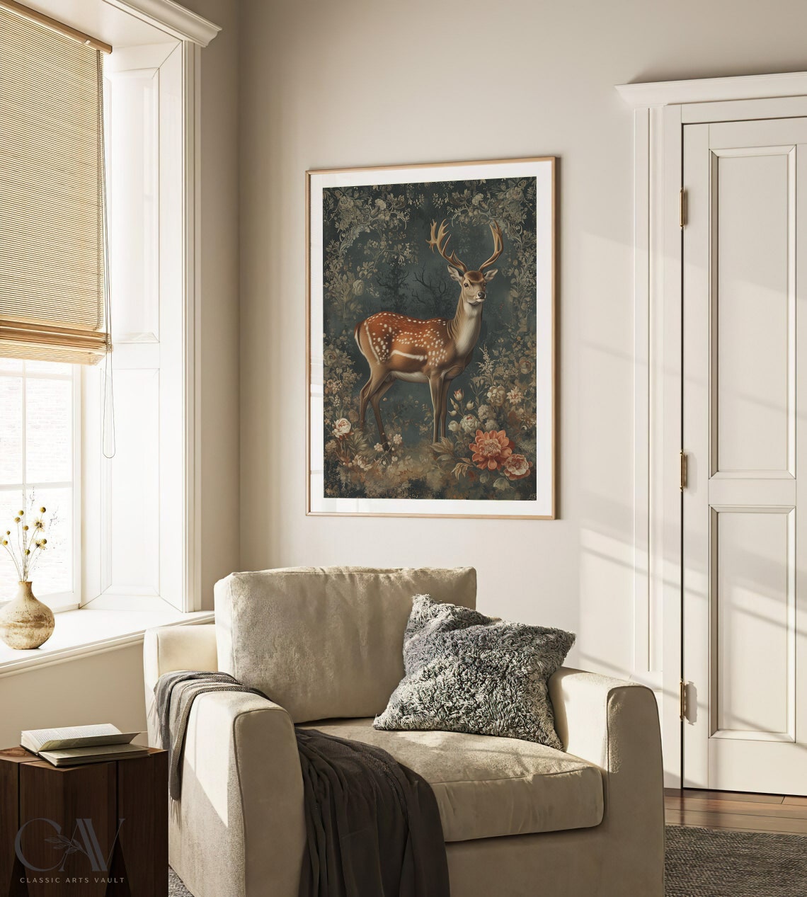 Spotted Stag With Antlers Standing Among Peonies Dark Floral Poster - Image 3