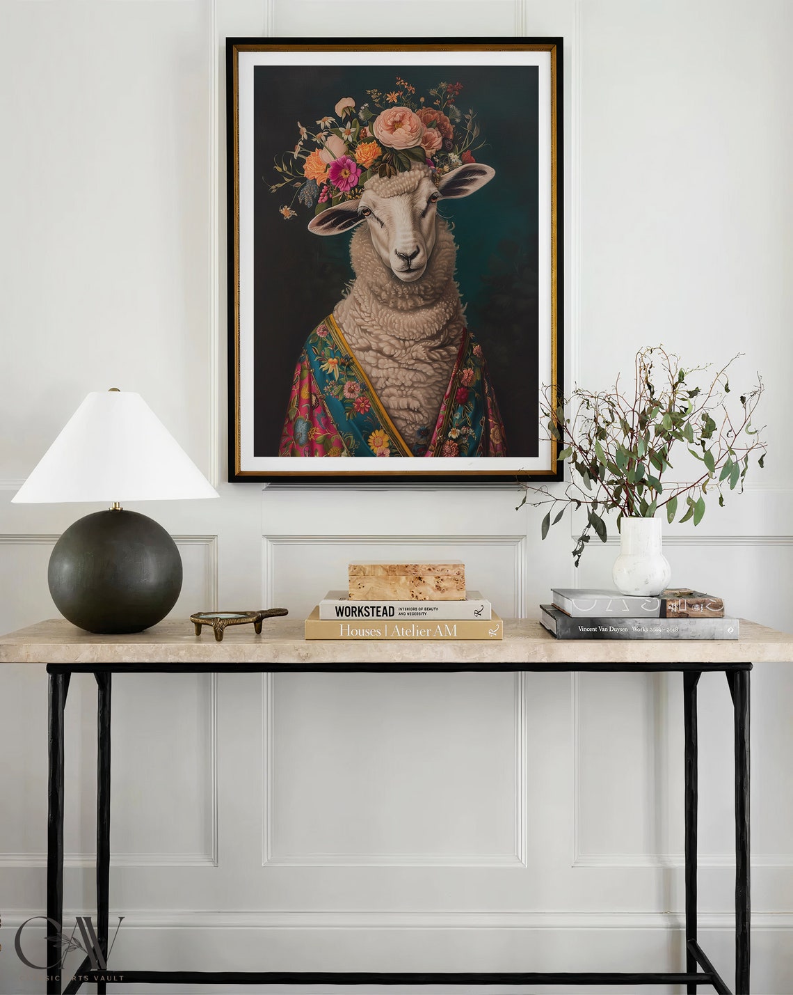 Cute Sheep Flower Crown Portrait Floral Robe Maximalist Wall Art - Image 3