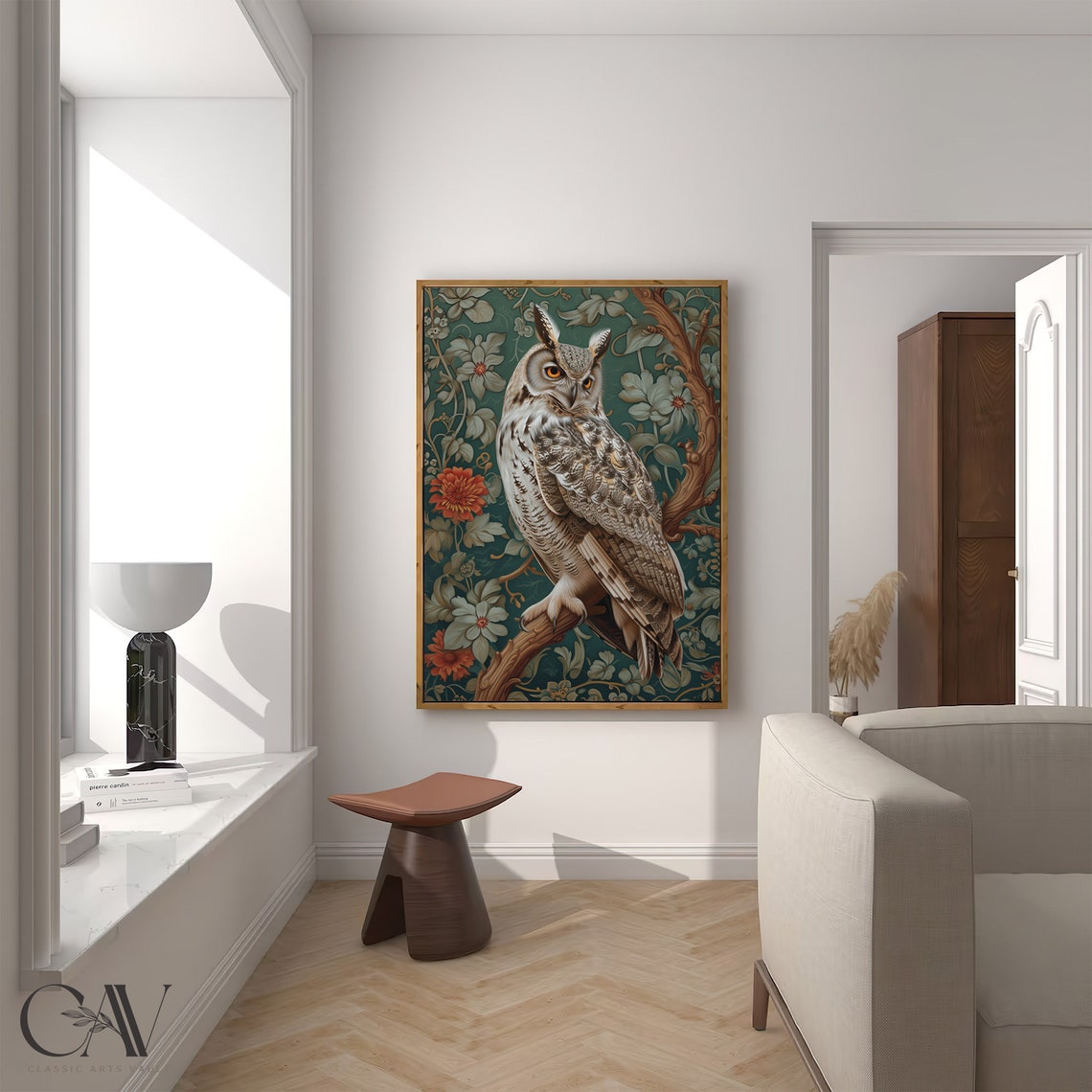Moody Great Horned Owl Perched In Dark Green Floral Forest Poster - Image 5