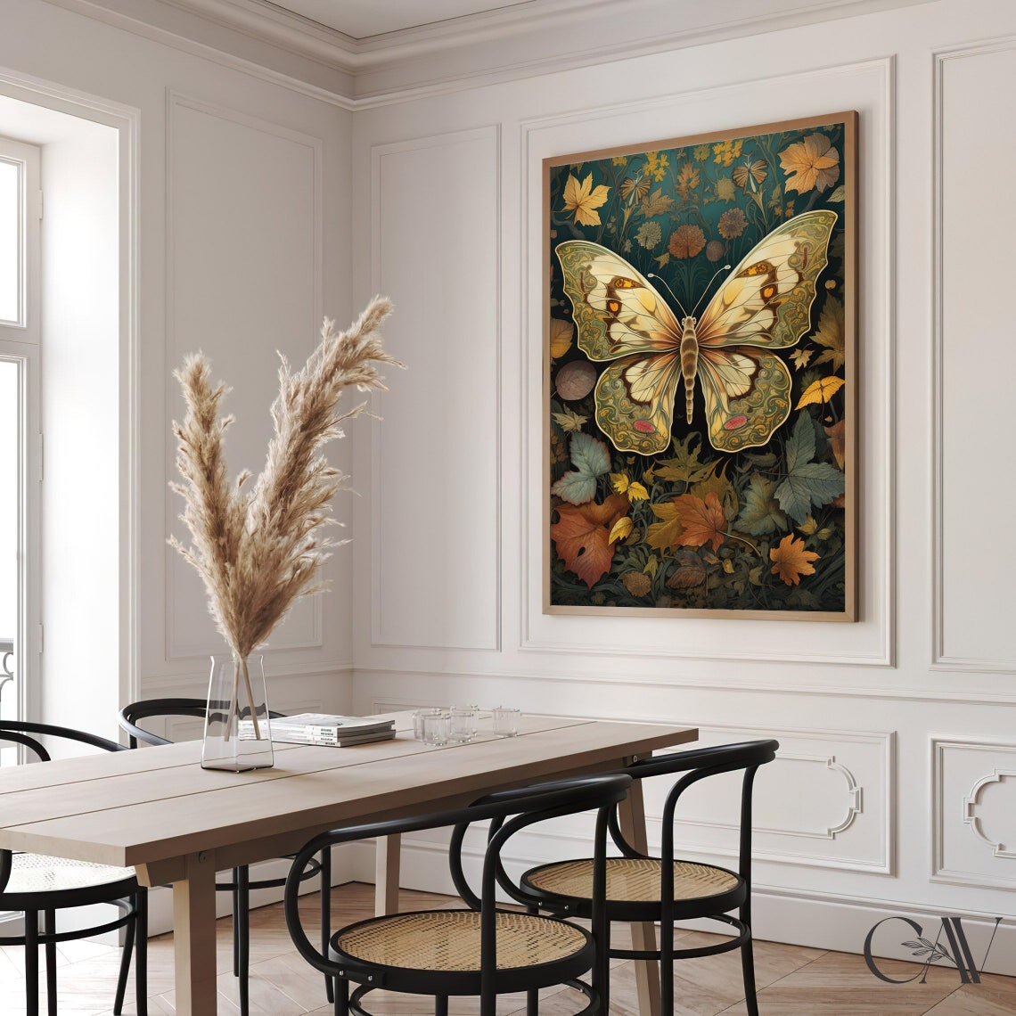Cream Butterfly On Dark Green Botanical Fall Leaves Art Poster - Image 3