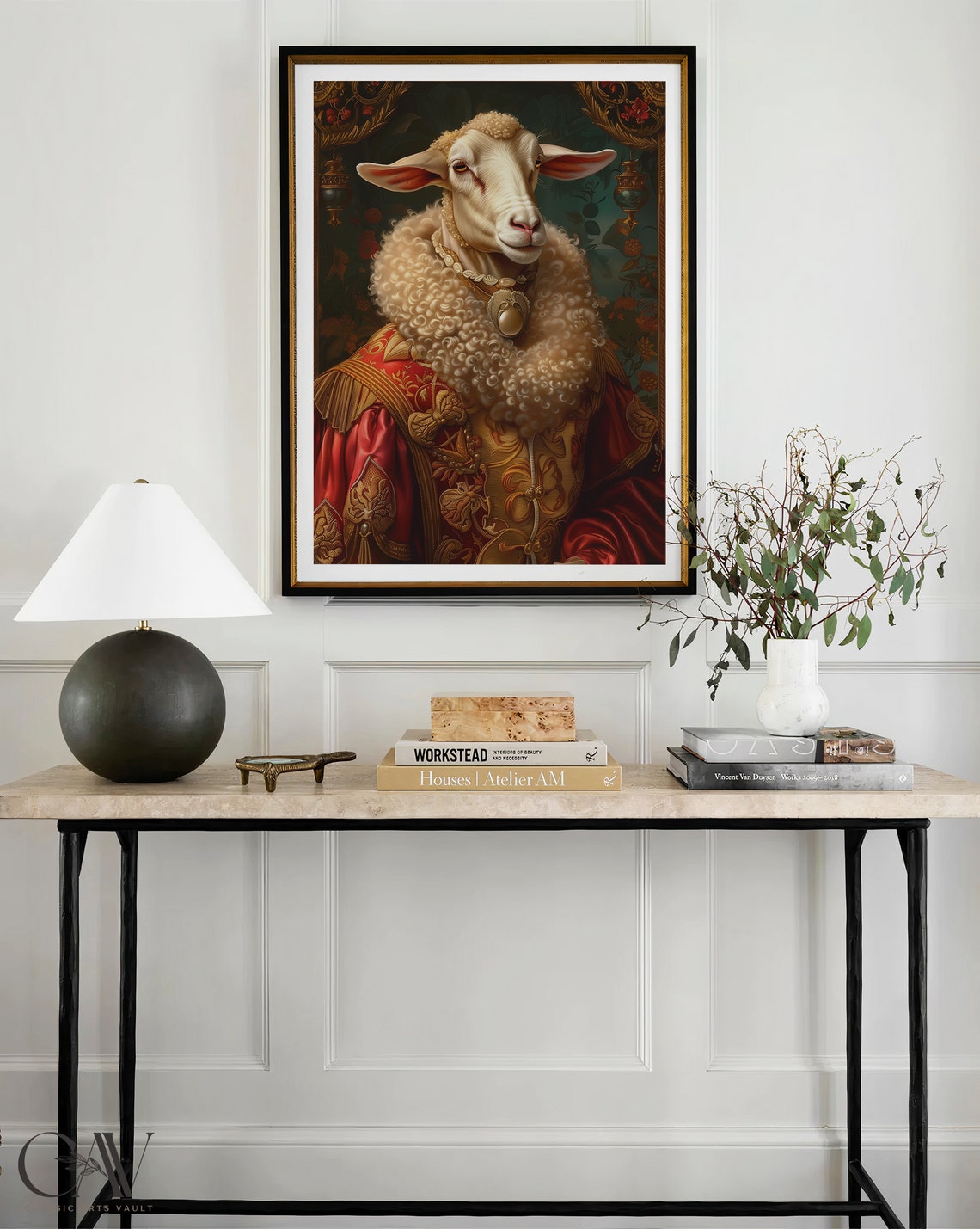 Sheep Royal Renaissance Portrait Red Brocade Pearl Animal Wall Art - Image 3