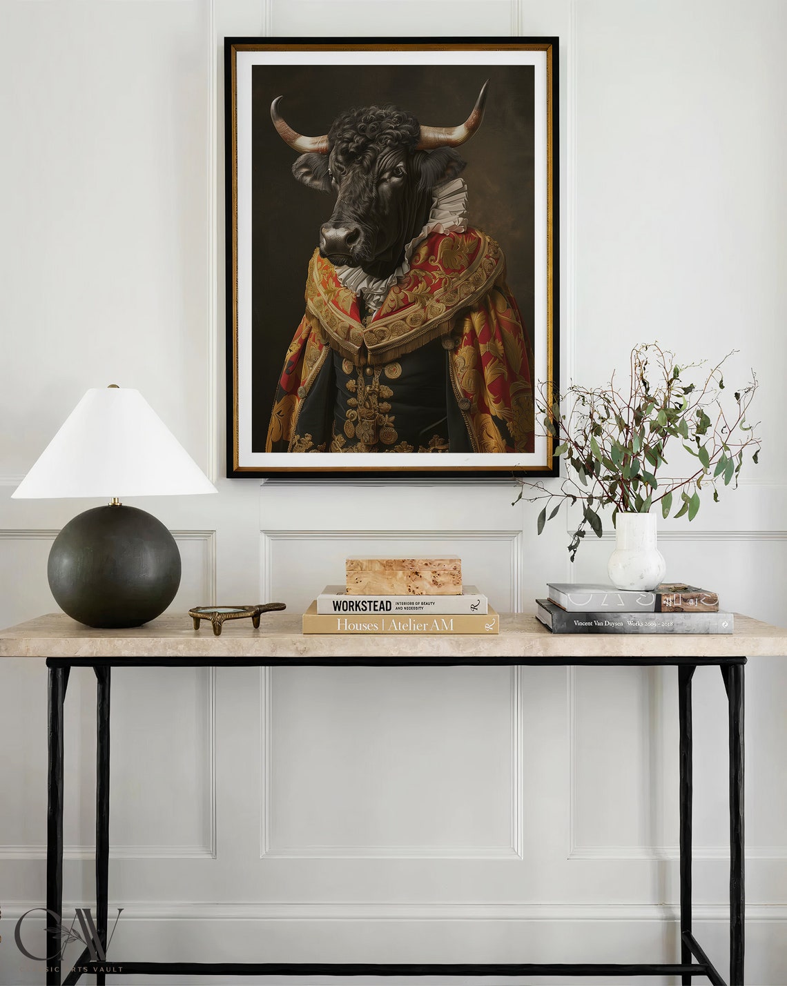 Black Bull in a Red Royal Cape Renaissance Portrait Wall Art - Image 3