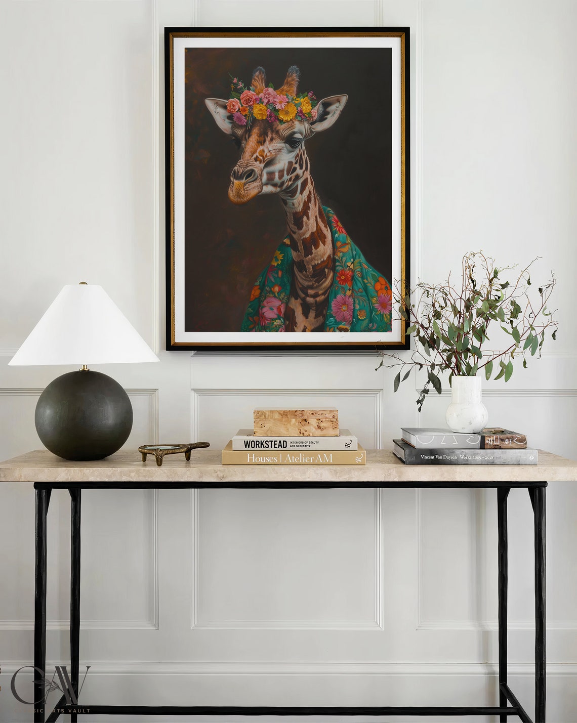 Giraffe with Flower Crown and Floral Shawl Dark Portrait Poster - Image 3