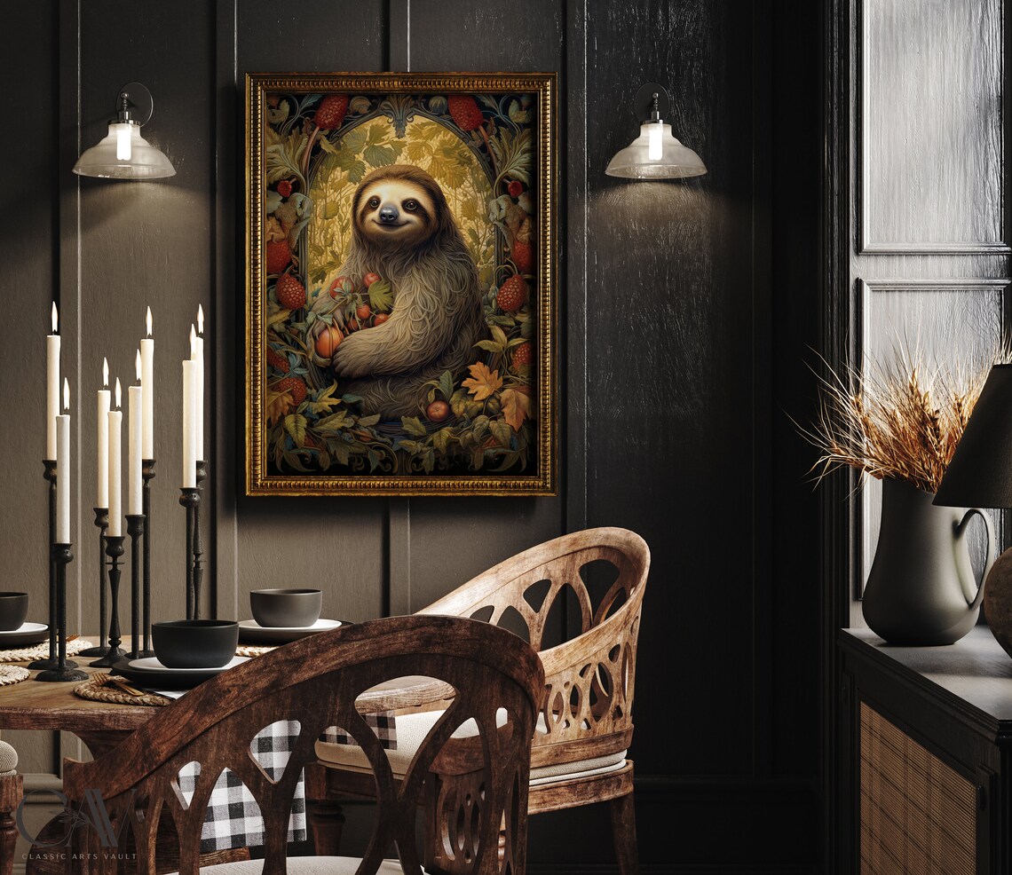 Sweet Smiling Sloth Among Autumn Berries Vintage Botanical Poster - Image 2