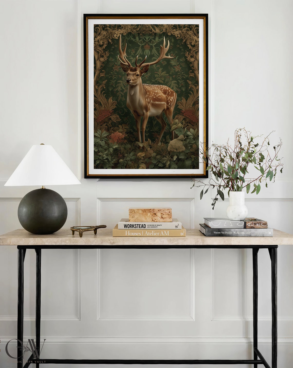 Spotted Fallow Deer Stag Among Flowers Dark Green Damask Poster - Image 3
