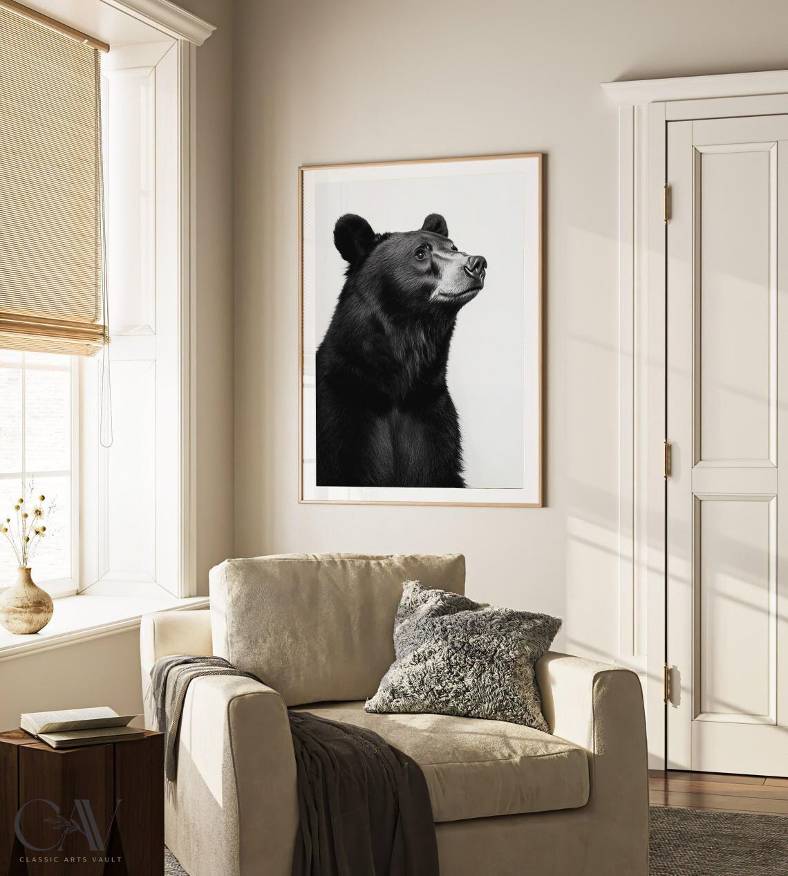 Black and White Black Bear Portrait Gazing Up Photography Poster - Image 3