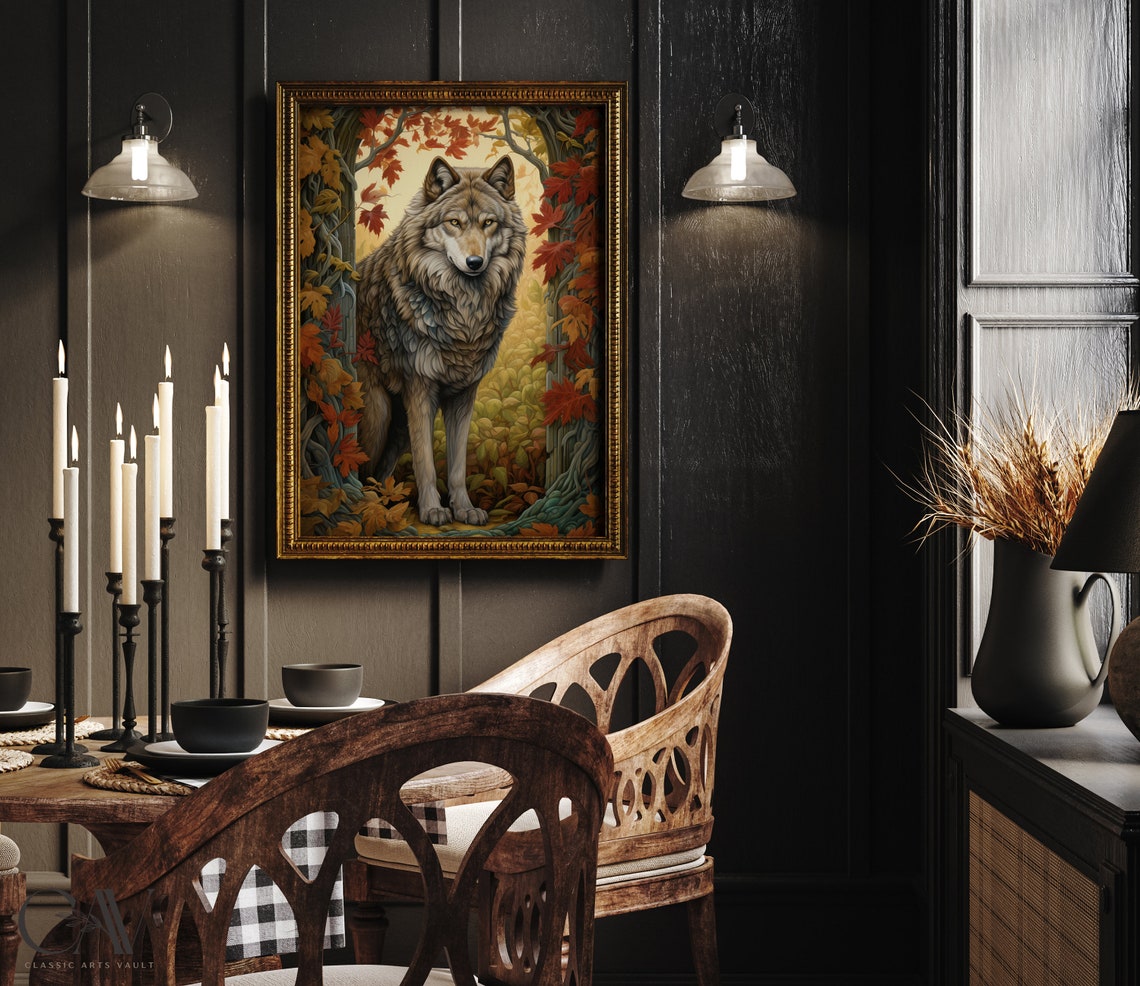 Grey Wolf Portrait Framed by Golden Autumn Maple Leaves Poster - Image 2