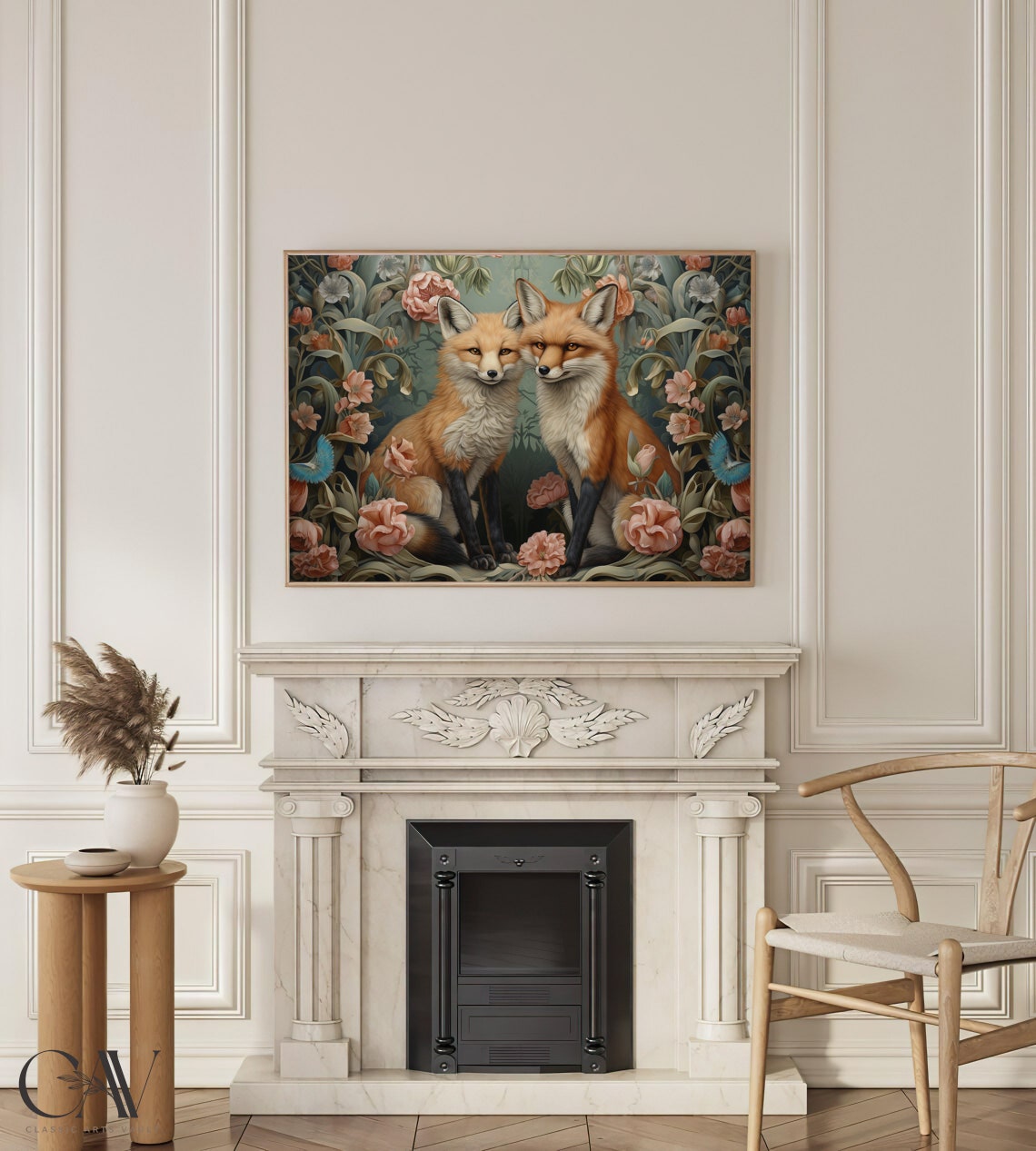 Two Red Foxes Among Peonies in Morris Style Floral Art Print - Image 3