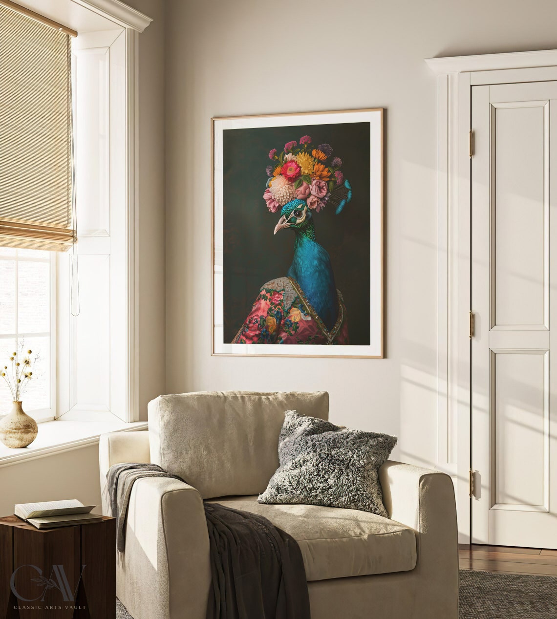 Peacock with Flower Crown in Floral Robe on Dark Moody Art Print - Image 2