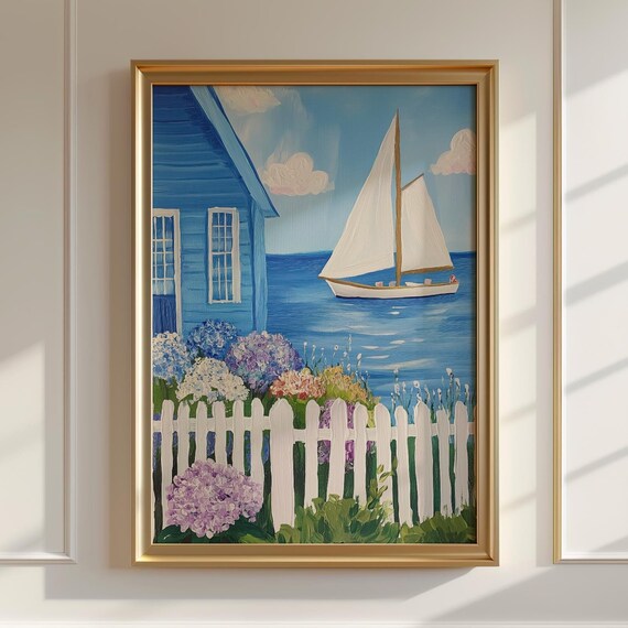 Nantucket Blue Cottage Sailboat Picket Fence Seaside Art Poster