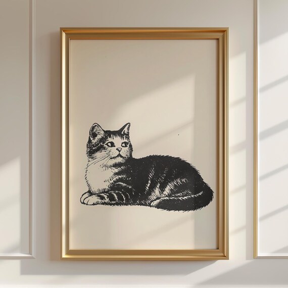 Vintage Cat Sketch Art Antique Cat Drawing Cat Wall Decor Cute Cat Artwork Gifts For Cat Lovers Retro Cat Illustration