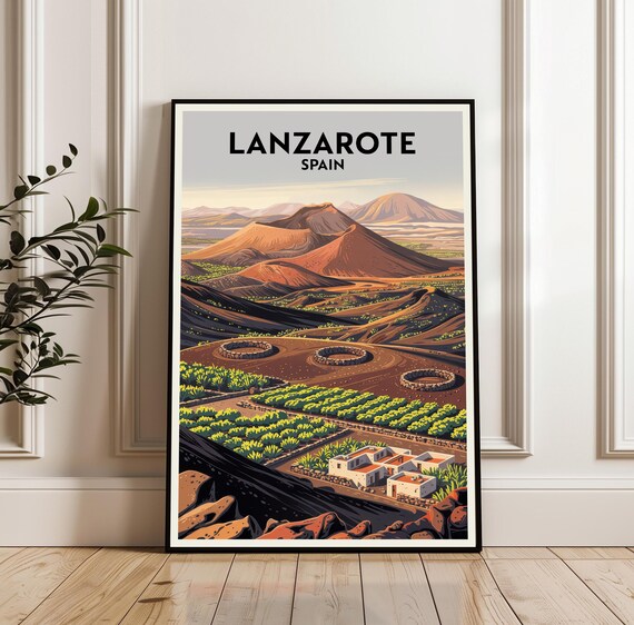 Lanzarote Spain Vintage Travel Poster Volcanic Vineyard Landscape Art