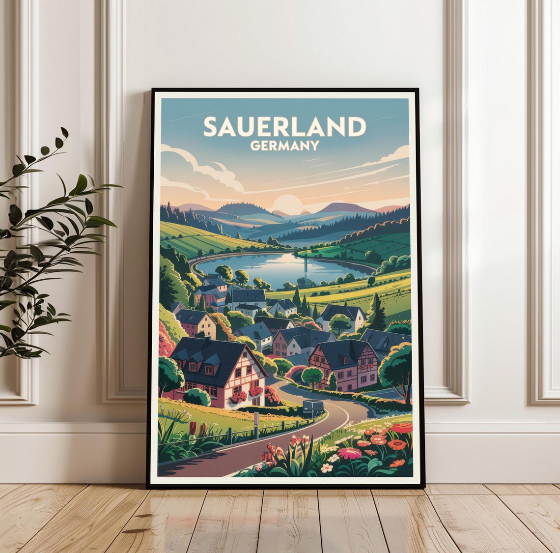 Sauerland Germany Vintage Travel Poster Village Lake Hillside View